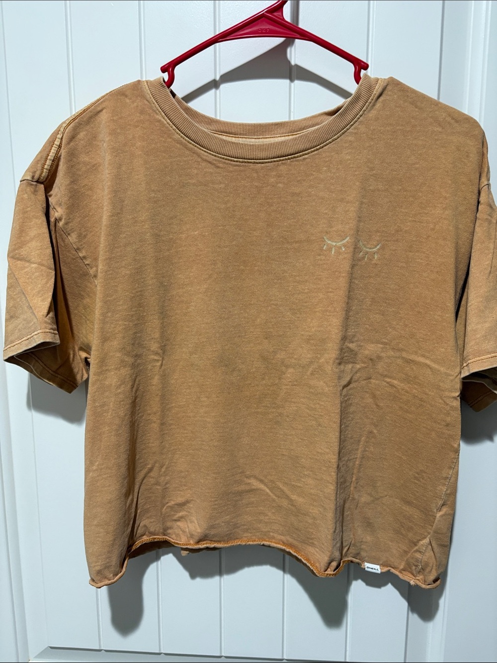 O'Neill Cropped Tee in Camel Brown with Eyelash Embroidery